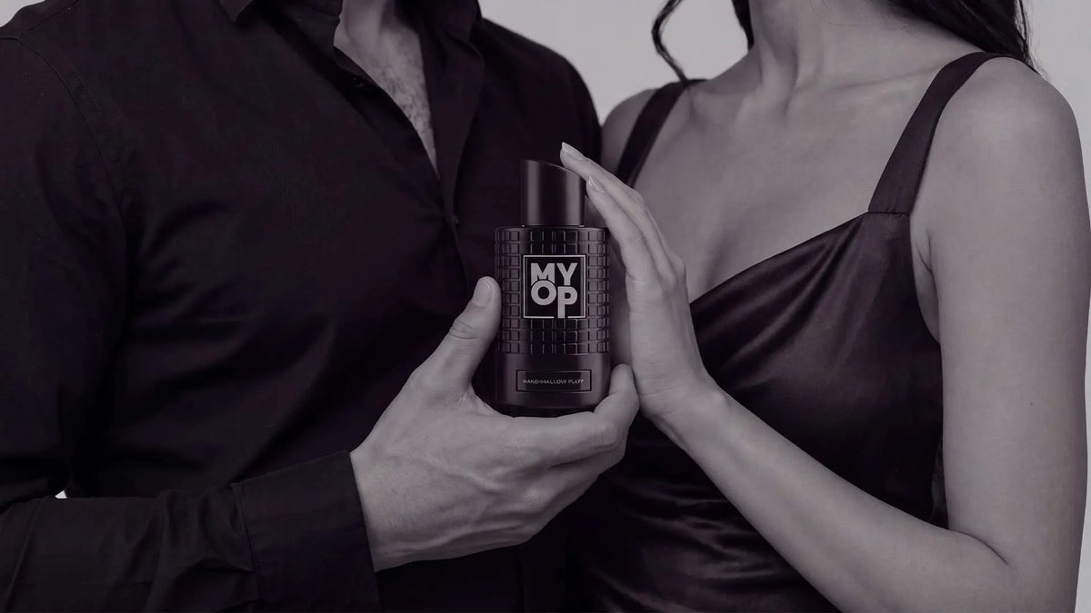 Banner reading Perfume Has No Gender beside MYOP perfume bottles