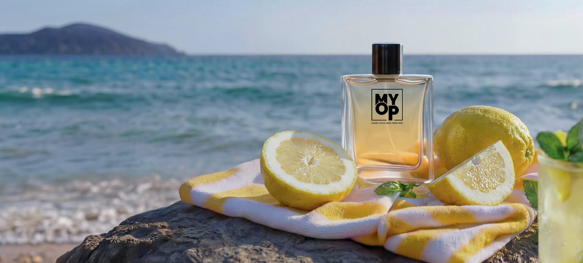 Perfume notes explained: fragrance pyramid showing top, heart and base notes beside a MYOP perfume bottle