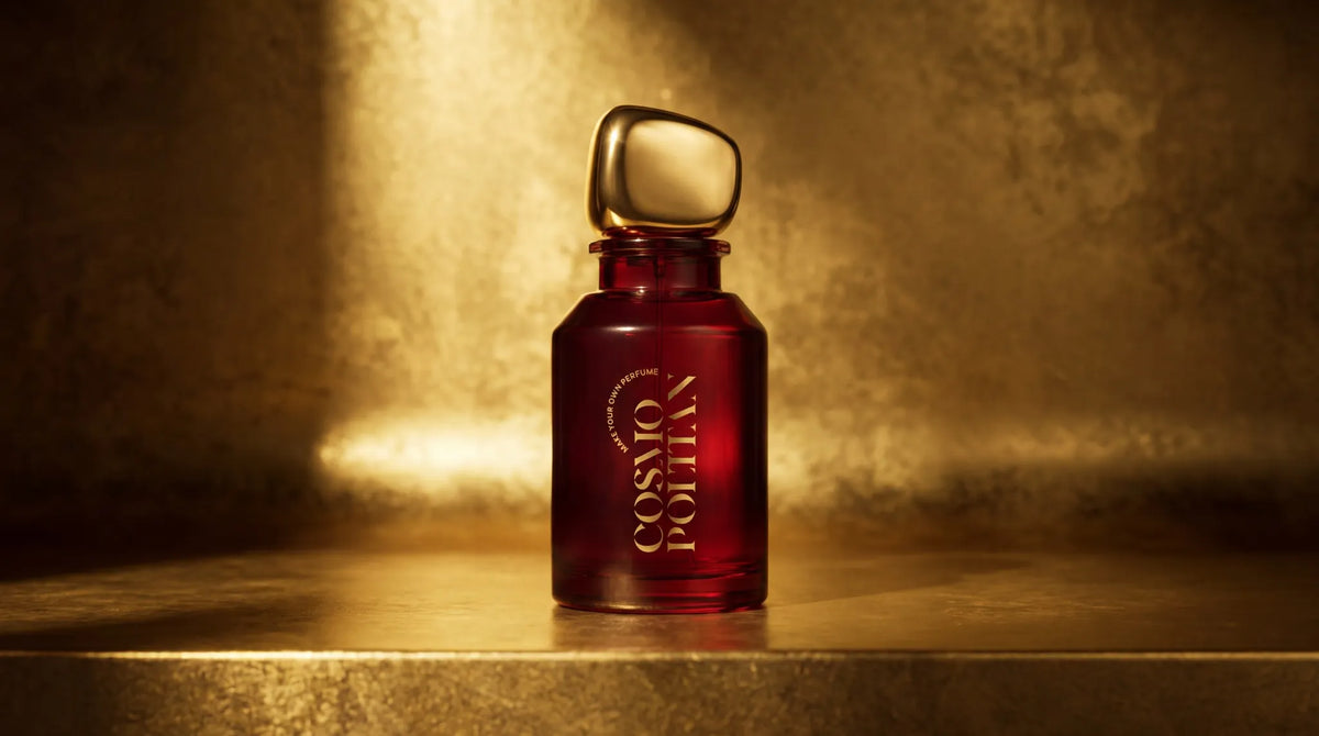 Dried khus vetiver roots beside a MYOP perfume bottle, the Indian cooling note in fragrance